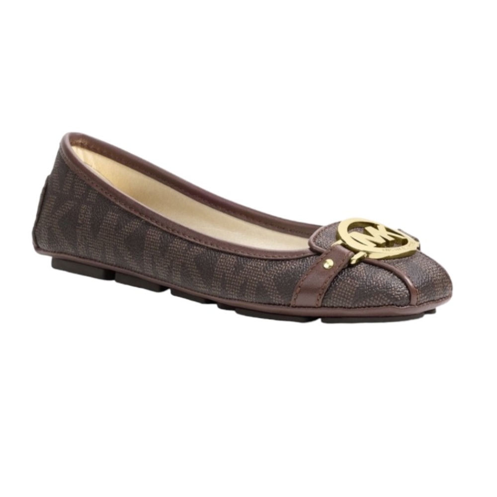 NEW! MICHAEL MICHAEL KORS Fulton Flats Brown Signature MK Print Gold Size 7.5